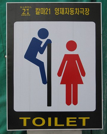 Bathroom sign Men Stickman Looking into Women's Washroom